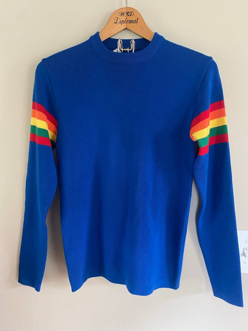 Vintage 1970s blue sweater colorful striped rainbow mens